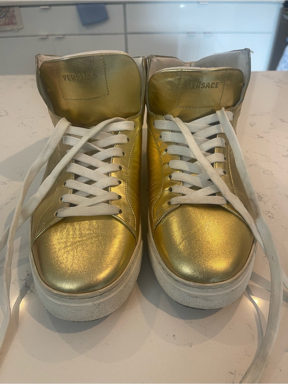 Versace Gold Metallic Leather High-Top Sneakers with White Laces